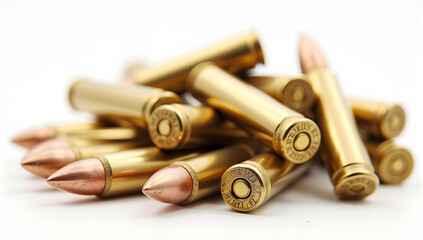 Close-up of isolated shotgun shells on a white background, Brass bullet casings
