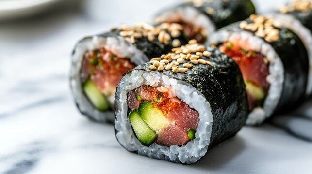 Seaweed wrapped sushirrito filled with fresh tuna cucumber rice and sesame seeds presented on a marble surface