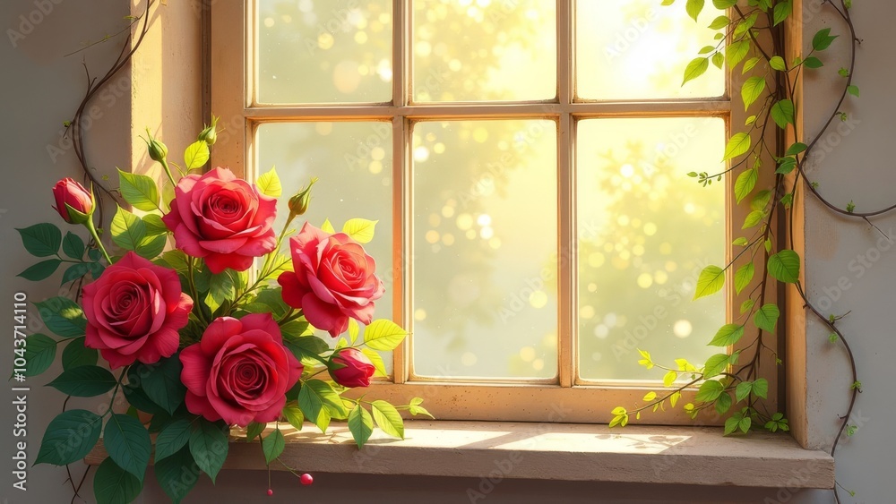 Poster a window with a view of a tree and a bunch of red roses
