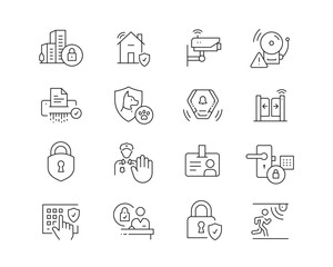 Building Security Icon collection containing 16 editable stroke icons. Perfect for logos, stats and infographics. Edit the thickness of the line in Adobe Illustrator (or any vector capable app).