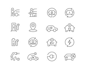 EV Electric Car Icon collection containing 16 editable stroke icons. Perfect for logos, stats and infographics. Edit the thickness of the line in Adobe Illustrator (or any vector capable app).
