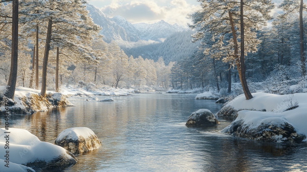 Poster a snowy landscape with a river and trees