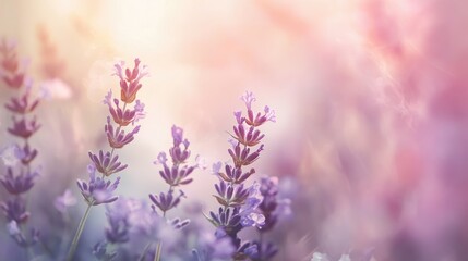 Obraz premium Lavender flowers bloom with a soft focus against a delicate pastel backdrop