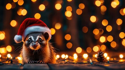 Fototapeta premium Christmas Background, A cute raccoon wearing a festive Santa hat with twinkling lights in the background.