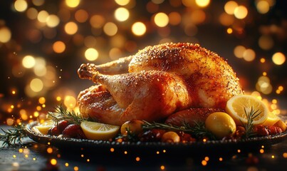 Traditional roast turkey with lemon and a sprig of rosemary on a Thanksgiving holiday table. Thanksgiving concept.