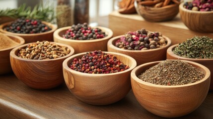 Delightful Wooden Bowls Filled with an Assortment of Dried Spices Perfectly Crafted to Enhance Your Culinary Creations