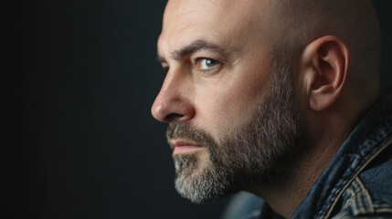 Obraz premium close up profile of man with bald head and beard, showcasing serious expression and deep gaze. lighting highlights his facial features and adds depth to image