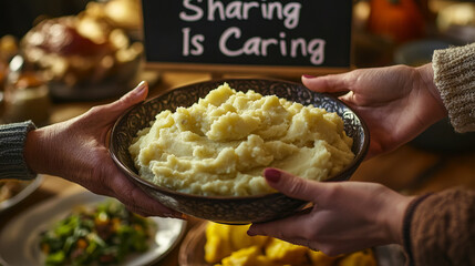 Hands Passing Bowl of Mashed Potatoes for Sharing
