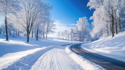 Obraz premium Winding snowy road through a winter forest landscape lined with frosty trees beneath a bright blue sky