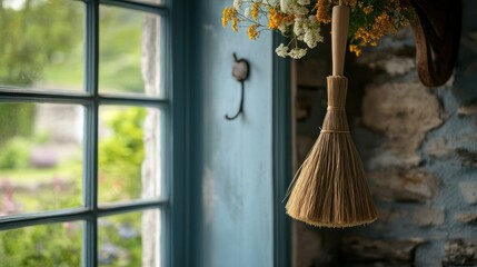 A rustic broom hangs by a window with a view of a lush green garden.