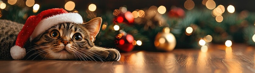 Obraz premium Christmas Background, Cute cat in a Santa hat lying on a wooden surface with festive decorations.
