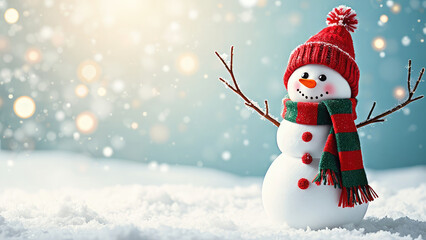 Obraz premium Whimsical Christmas snowman with a cozy scarf and hat, standing on a pristine white background, evoking a festive and joyful holiday spirit