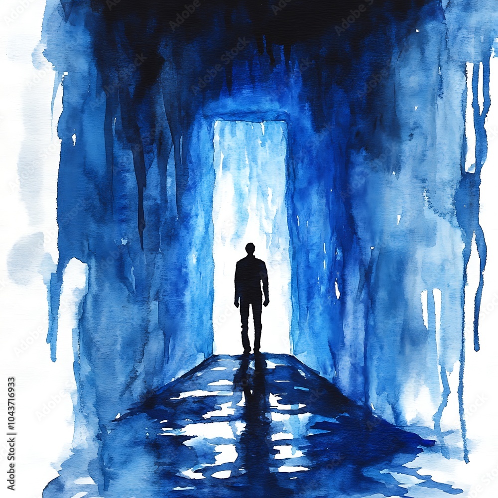 Canvas Prints Silhouette of a Man Walking Through a Blue Watercolor Doorway.