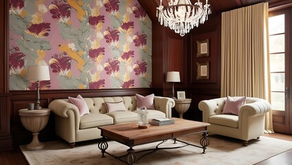 Stylish living room featuring textured wallpaper and luxurious design
