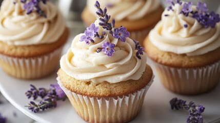 Lavender buttercream cupcake topped with dried lavender flowers Creamy muffins adorned with floral decorations