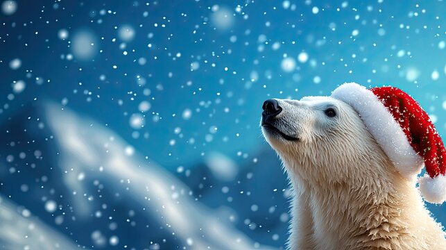 Christmas Background, Polar bear wearing a Santa hat in a snowy winter landscape.