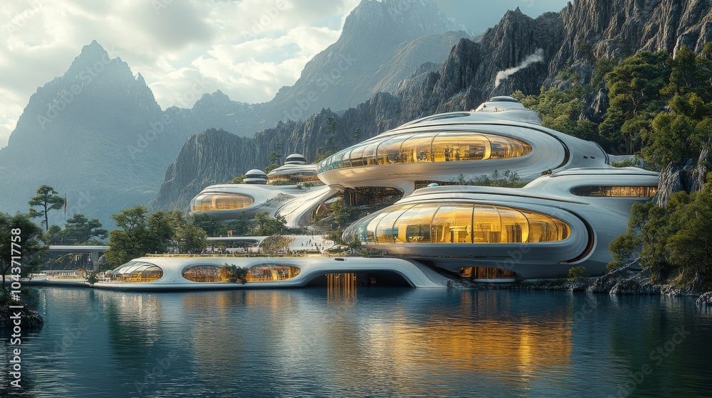 Poster a unique futuristic complex showcases smooth lines and organic shapes next to a tranquil lake, surro