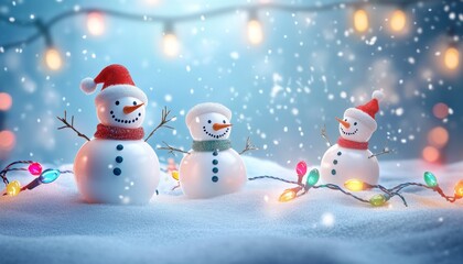 Fototapeta premium Festive Snowmen with String Lights in Wintertime Wonderland Setting