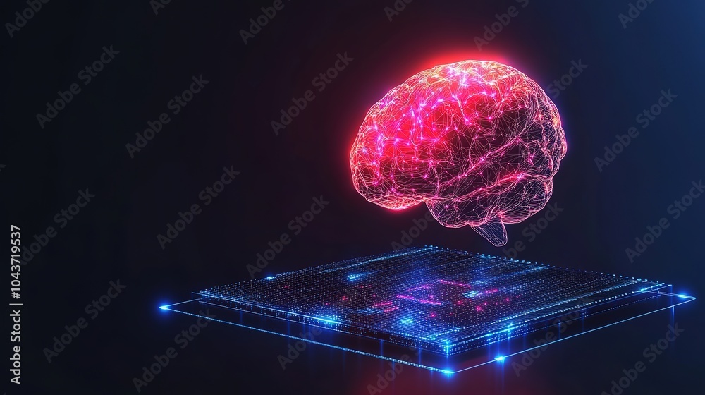 Poster big data and artificial intelligence concept. human brain glowing from processor, symbolizing the fu