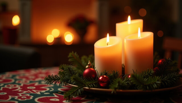 Warm candlelight glows amidst festive Christmas decorations, creating a cozy holiday atmosphere.