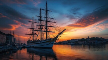 Fototapeta premium A majestic tall ship anchored at sunset, reflecting vibrant colors on calm waters.