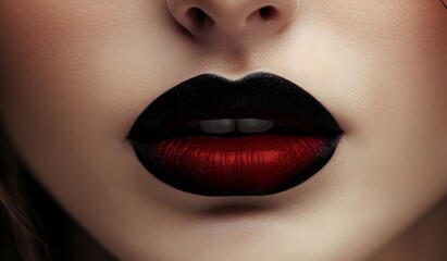 Obraz premium Close-up of red lipstick on lips, isolated. Beauty product close-up macro photo. Woman's face with black lipstick on her mouth. 