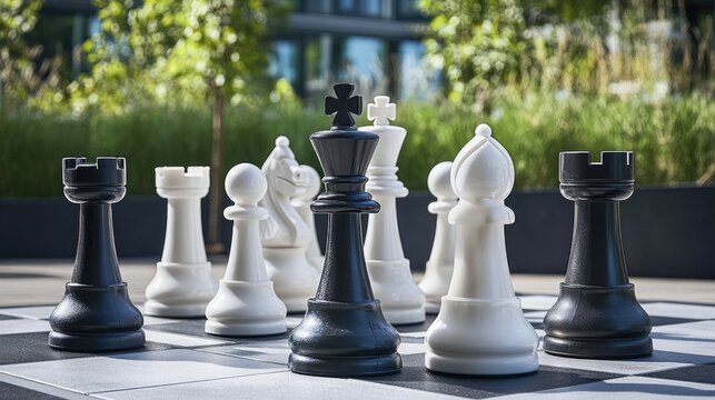 Outdoor chess set featuring large plastic pieces Close up of oversized chess pieces and board in a public area
