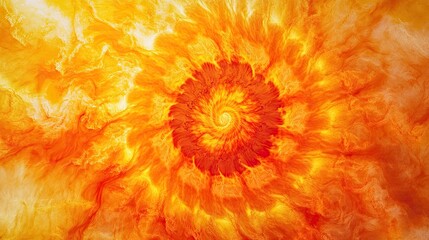 A bright yellow and orange tie dye design resembling a sunset
