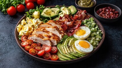 Cobb salad featuring chicken avocado tomatoes eggs bacon and cheese arranged on a dark surface
