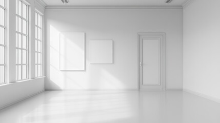 Fototapeta premium Minimalist interior of a vacant white room featuring posters and a door