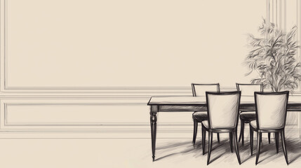 Artistic sketch of a vintagestyle dining room layout with ornate furniture and natural lighting, interior, layout aesthetics