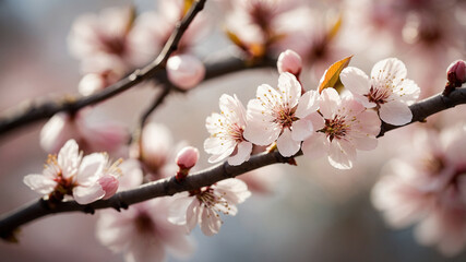 Obraz premium Close-up of beautiful cherry blossoms blooming in soft sunlight on a delicate branch in springtime.