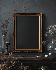 Gothic Noir Gallery Wall Mockup with Antique Frames, gallery wall, black frame, gothic moody scene