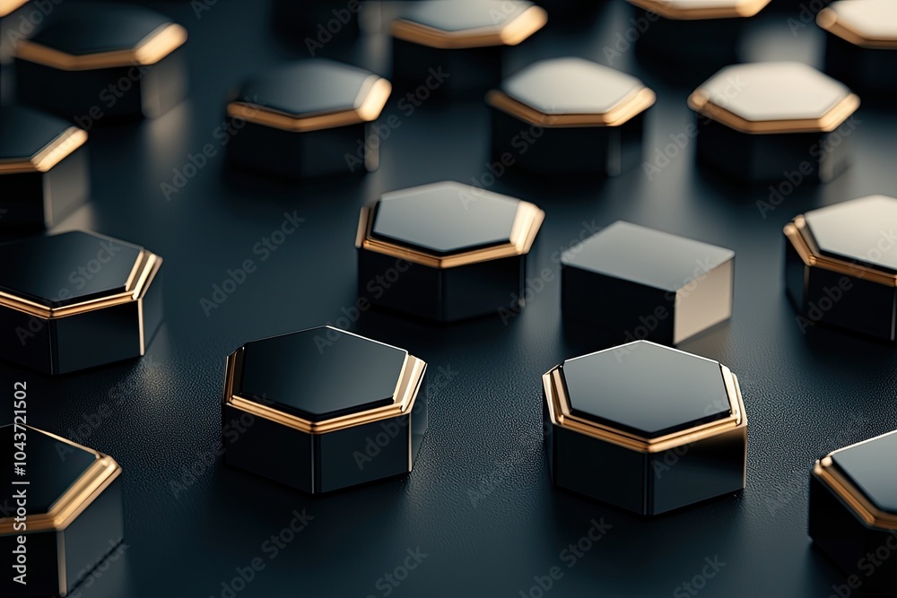 Wall mural close-up of hexagonal shapes with golden edges on a dark background.