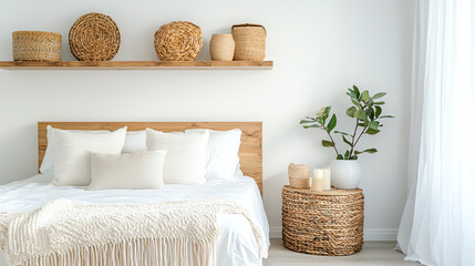 Transform your space embrace the tranquil beauty of a mediterranean-style bedroom featuring woven baskets and natural wood accents
