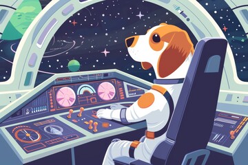 Naklejka premium Space dog navigating galactic adventures in spaceship