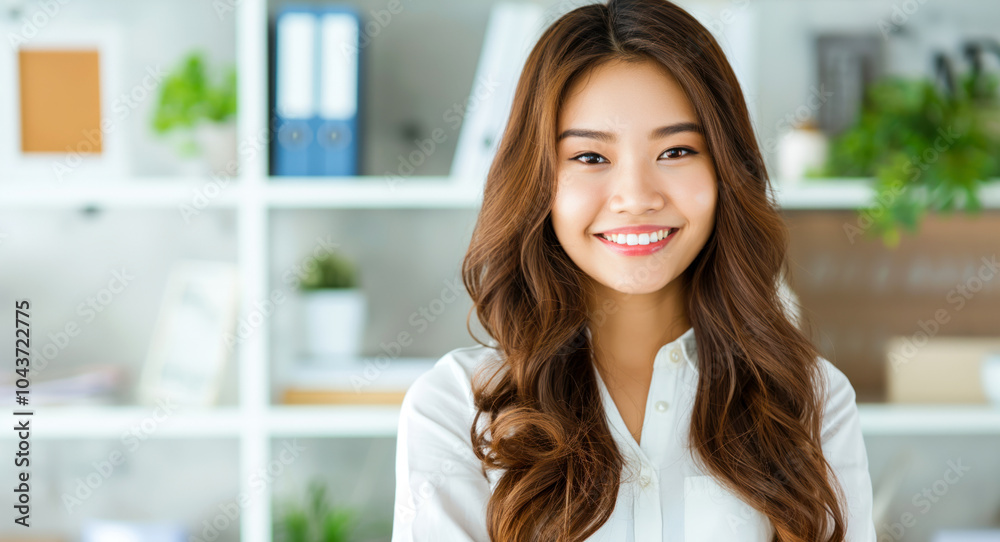 Wall mural Young asian businesswoman smiling in office setting