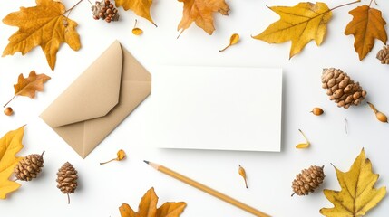Autumn themed greeting card mockup for holiday invitations featuring a blank postcard craft envelope pencil and scattered yellow oak leaves and acorns on a white surface Top view