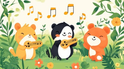 Naklejka premium Three cute cartoon bears playing music in a green forest with musical notes floating above them.