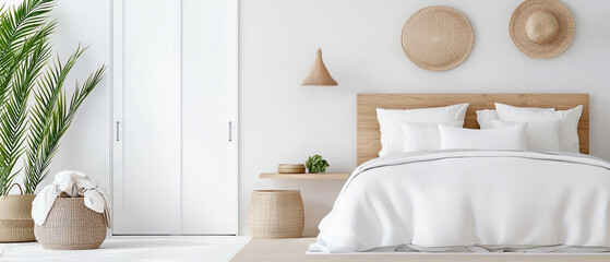 A serene and organized guest bedroom with built-in closet and natural decor for ultimate relaxation