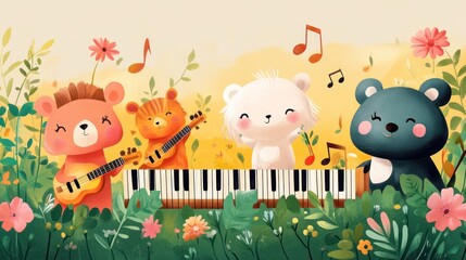 Obraz premium Four cute cartoon bears playing music together in a beautiful flower field.