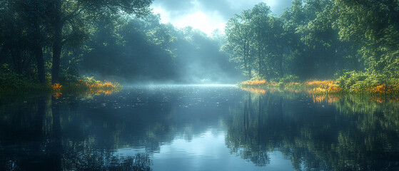 Obraz premium Serene MistShrouded Lake in a Lush Forest Landscape