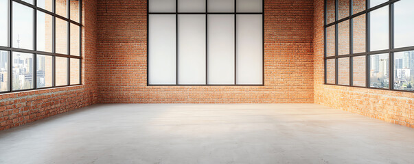 Sketch of an industrial loft interior with exposed brick and metal, showing a dynamic openplan layout, interior, industrial layout