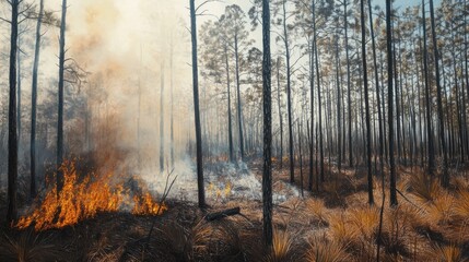 Obraz premium Controlled burn in a longleaf pine forest showcased with intricate details