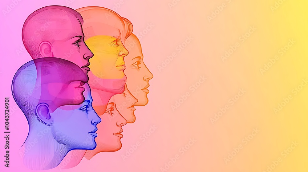 Poster a row of colorful translucent human head silhouettes in profile, set against a gradient background.