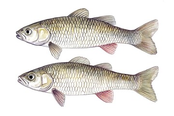 Watercolor Illustration of Two European Common Roach Fish.