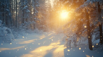 Winter solstice in a snow covered forest Scenic winter landscape featuring glittering snow and a low sun illuminating the tranquil surroundings