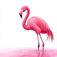 Fototapeta premium Pink flamingo standing gracefully in calm water, white isolate background.