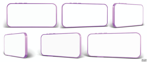 3D Horizontal smartphone mockup with white screen. Purple mobile phone isolated on white background. Landscape magenta phone. 3d vector illustration