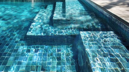 Obraz premium Blue mosaic tiles create a stunning pattern beneath the clear water of a swimming pool showcasing the elegant surface design